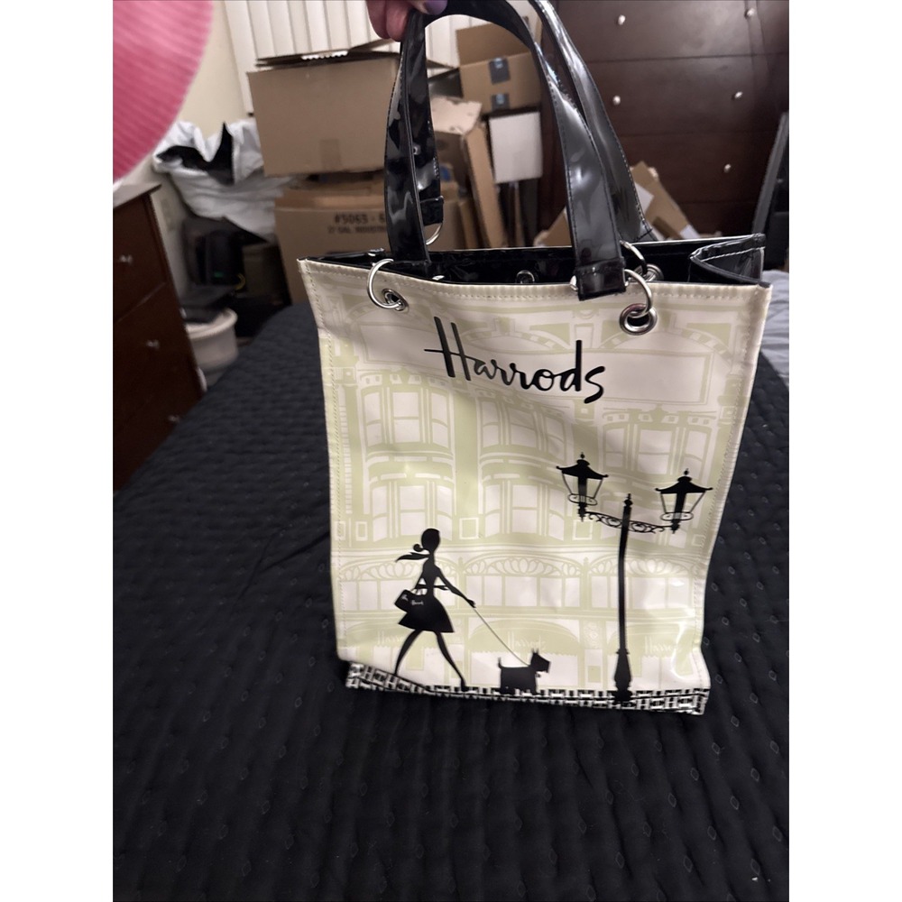 VTG Harrods London PVC Vinyl Tote Bag Magnetic Double Straps 14.75 x 11.5 x 4"